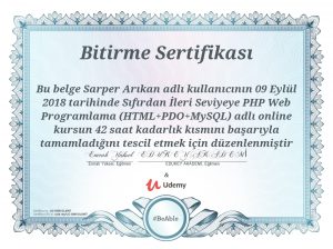 Udemi üzerinde 367 derslik Sıfırdan İleri Seviyeye PHP Web Programlama (HTML+PDO+MySQL) sertifikası